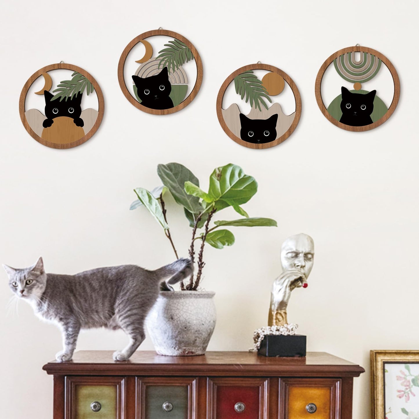HPNIUB Boho Black Cat Wall Decor, Farmhouse Geometric Hanging Wooden Wall Art, 4 Pieces 10''x10'' Mid Century Bohemian Abstract Moon and Sun Wood Sign for Nursery Bedroom Decoration, Lovely Cat Gifts