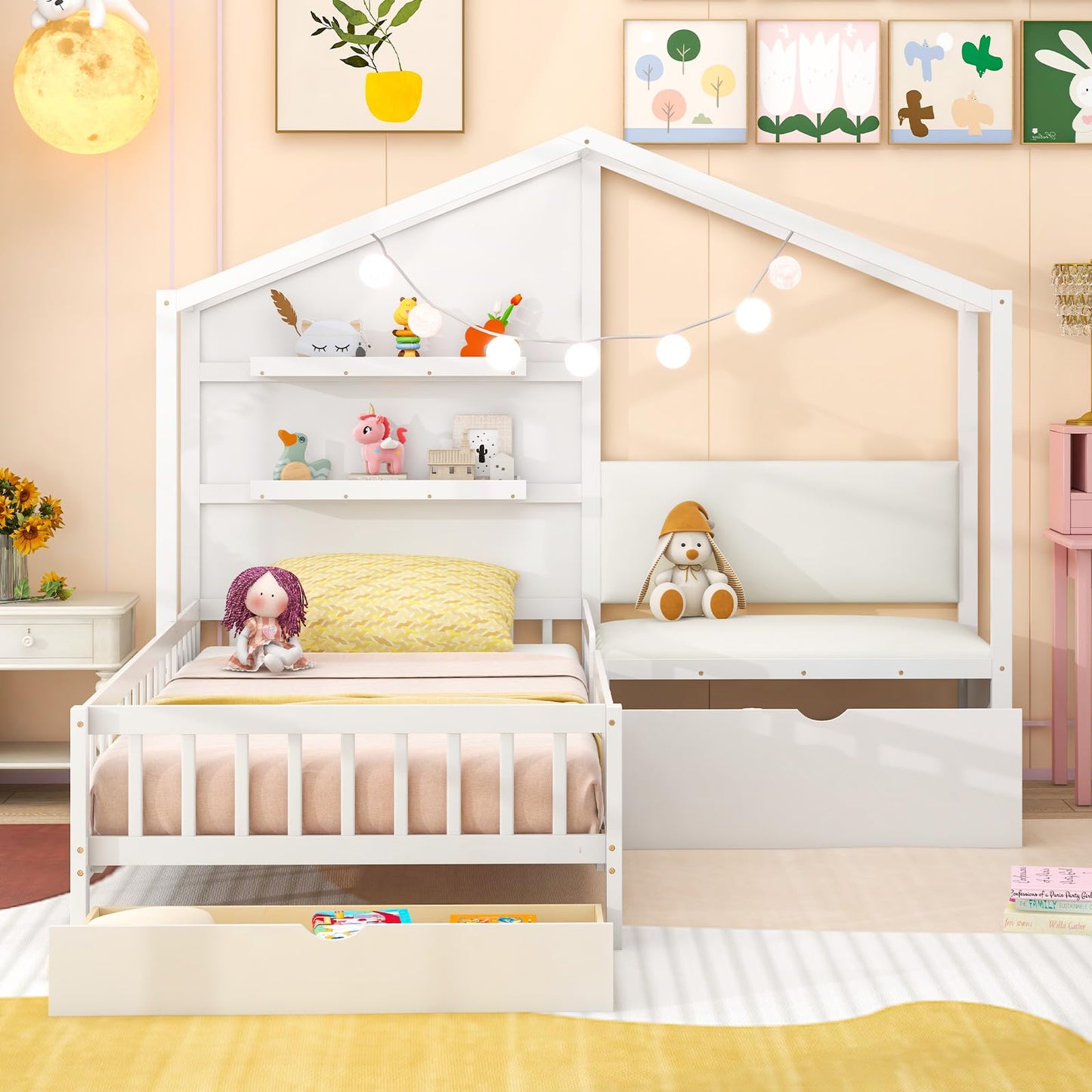 Giantex Twin House Bed for Kids, Wooden Kids Twin Bed Frame with Padded Bench, Floating Bookcase & 2 Rolling Storage Drawers, Wooden Montessori House Bed for Girls Boys, No Box Spring Needed, White