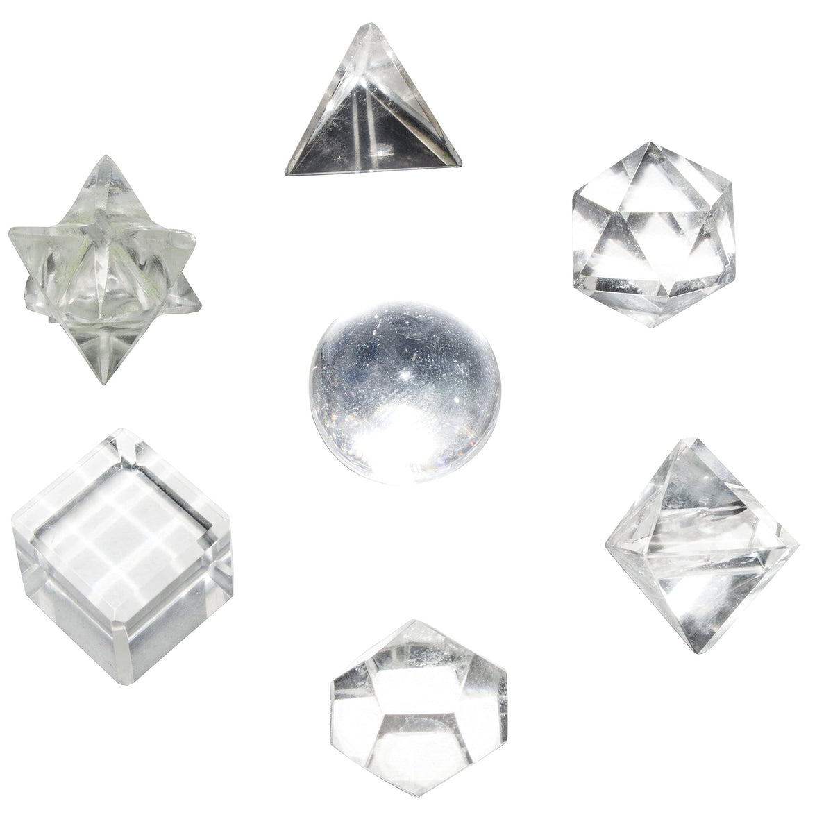 Crocon Clear Quartz 7 Pcs Platonic Solid Sacred Stones Geometry Set for Reiki Healing Chakra Stone Balancing Crystal Cleansing Spiritual Money Good Luck Decor Size: 15-20 mm