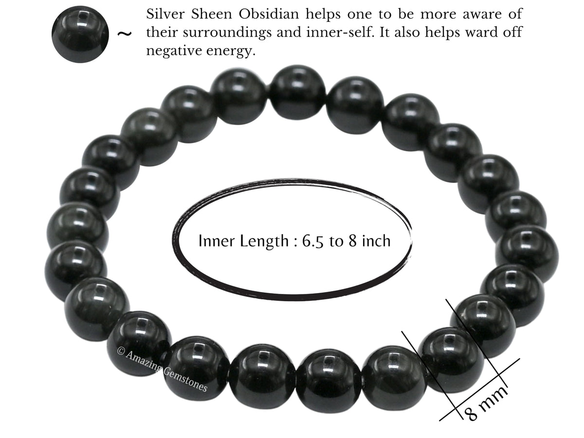 Amazing Gemstone Crystal Bracelet for Women Men's Gifts - Protection Healing Crystal Bracelet - 8mm Gemstone Beaded Stretchable Bracelet Pulseras Para Hombres Mujer Stocking Stuffers Mothers Day Gift (Silver Sheen Obsidian)
