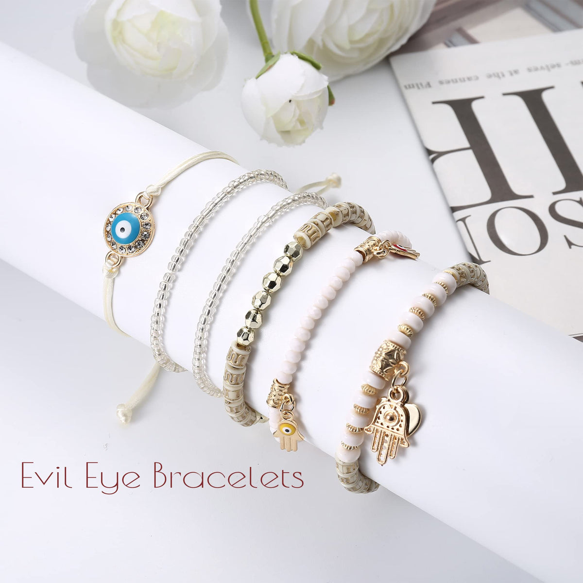 MILACOLATO Bohemian Bead Bracelets Set, Multilayer Evil Eye Stackable Bracelets, Comfort-Fit Stretch Bracelets for Women 6 Sets