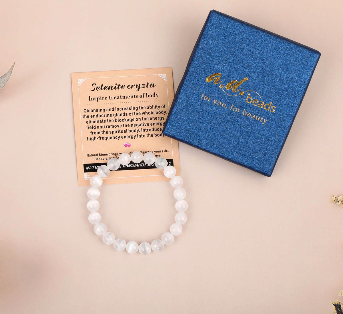 AD Beads Handmade Gemstone Stretch Elastic Bracelet Crystal Healing Reiki Nature's Beauty and Spiritual Essence Unisex (6mm, Selenite Crystal (Inspire Treatments))