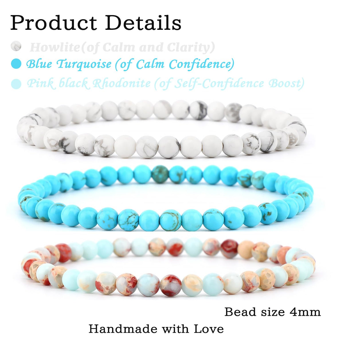 NCB 3-Piece 4mm Natural Crystal Gemstone Stretch Bracelets – ﻿Agalmatolite Jasper, Blue Turquoise, Howlite Handmade Reiki Energy Healing Jewelry for Meditation,Yoga, Unisex