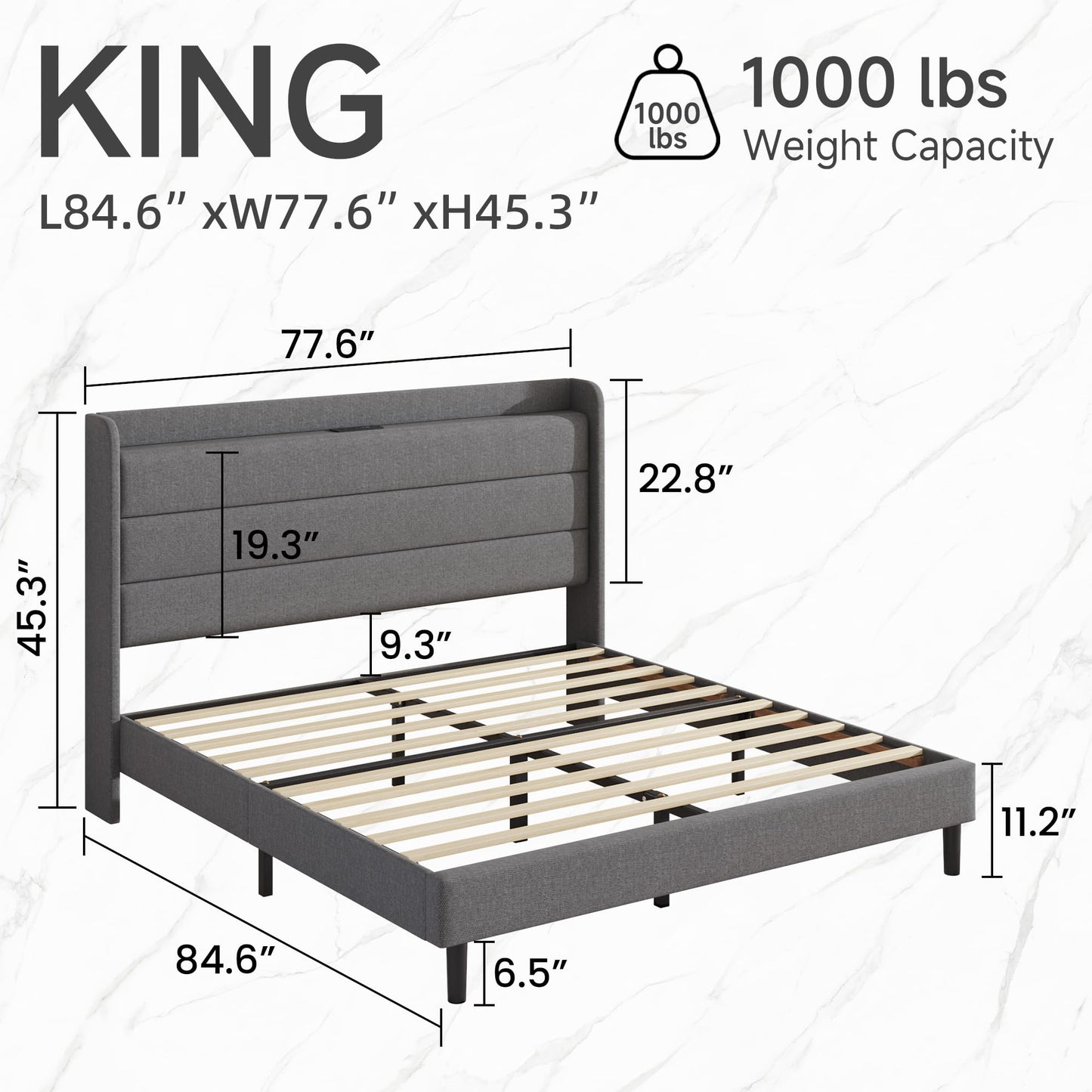 Lcwtvgxr King Size Linen Multifunctional Bed Frame, Wingback Headboard with Charging Station & Storage Shelf, Upholstered Platform Bed, Noise Free, No Box Spring Needed, Easy Assembly, Grey