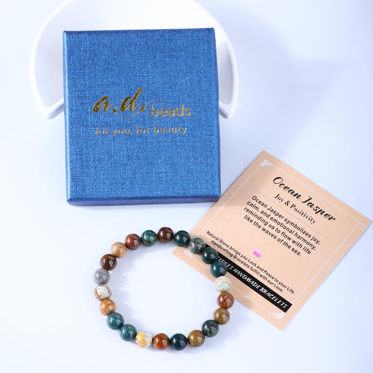 AD Beads 10mm Handmade Ocean Jasper Elastic Bracelet – Natural Gemstone for Joy & Positivity – Meditation, Yoga, Healing and Energy Gift for Men Women