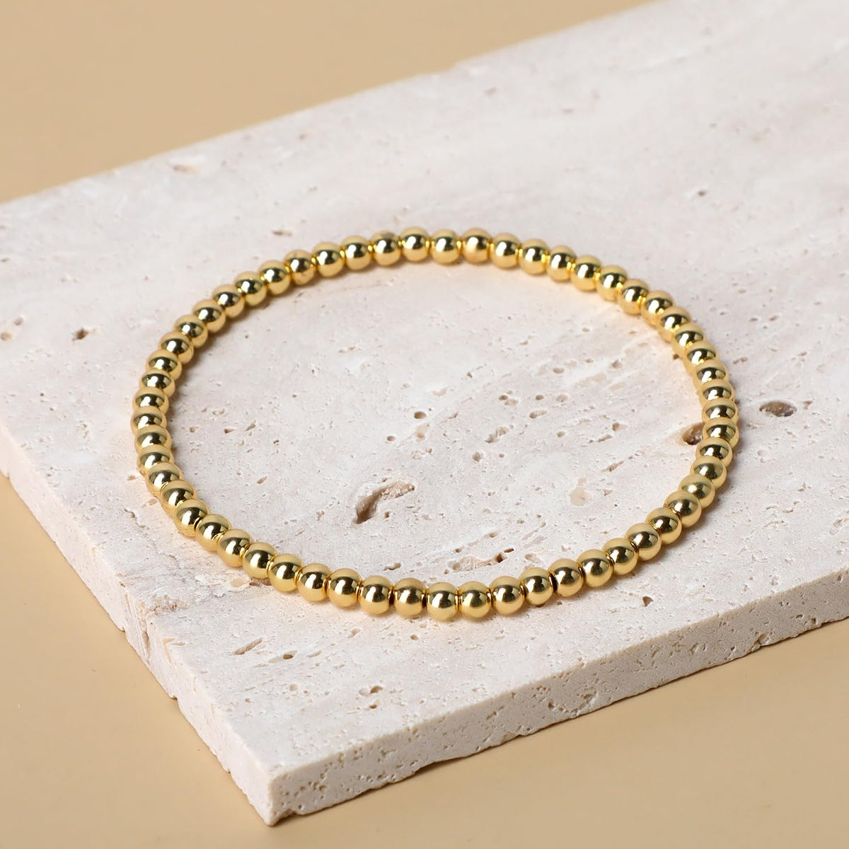 QOGIR 14K Gold Plated Beads Gemstone Stretch Elastic Dainty Handmade Beaded Bracelets for Women Gifts 4mm