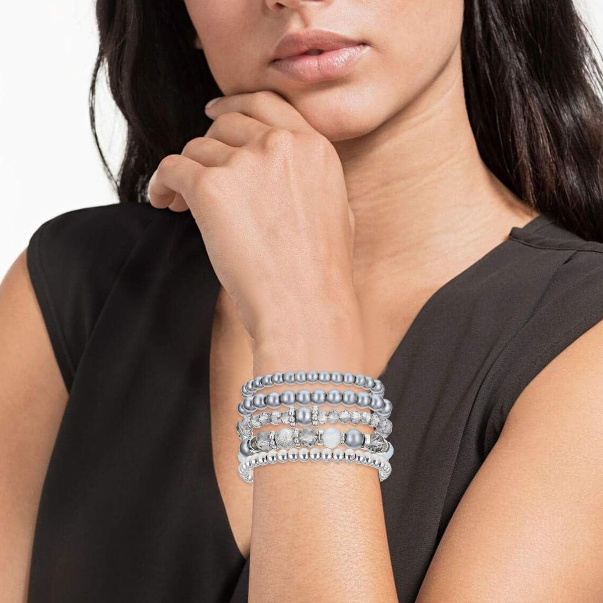 DIVINA VITAE 5 Pcs Beaded Stretch Bracelets Grey Stackable Bracelets Crystal Bead Bracelet Boho Beaded Bracelets Stretch Layering Crystal Stone Beaded Bracelets Trendy Costume Jewelry Gifts for Women