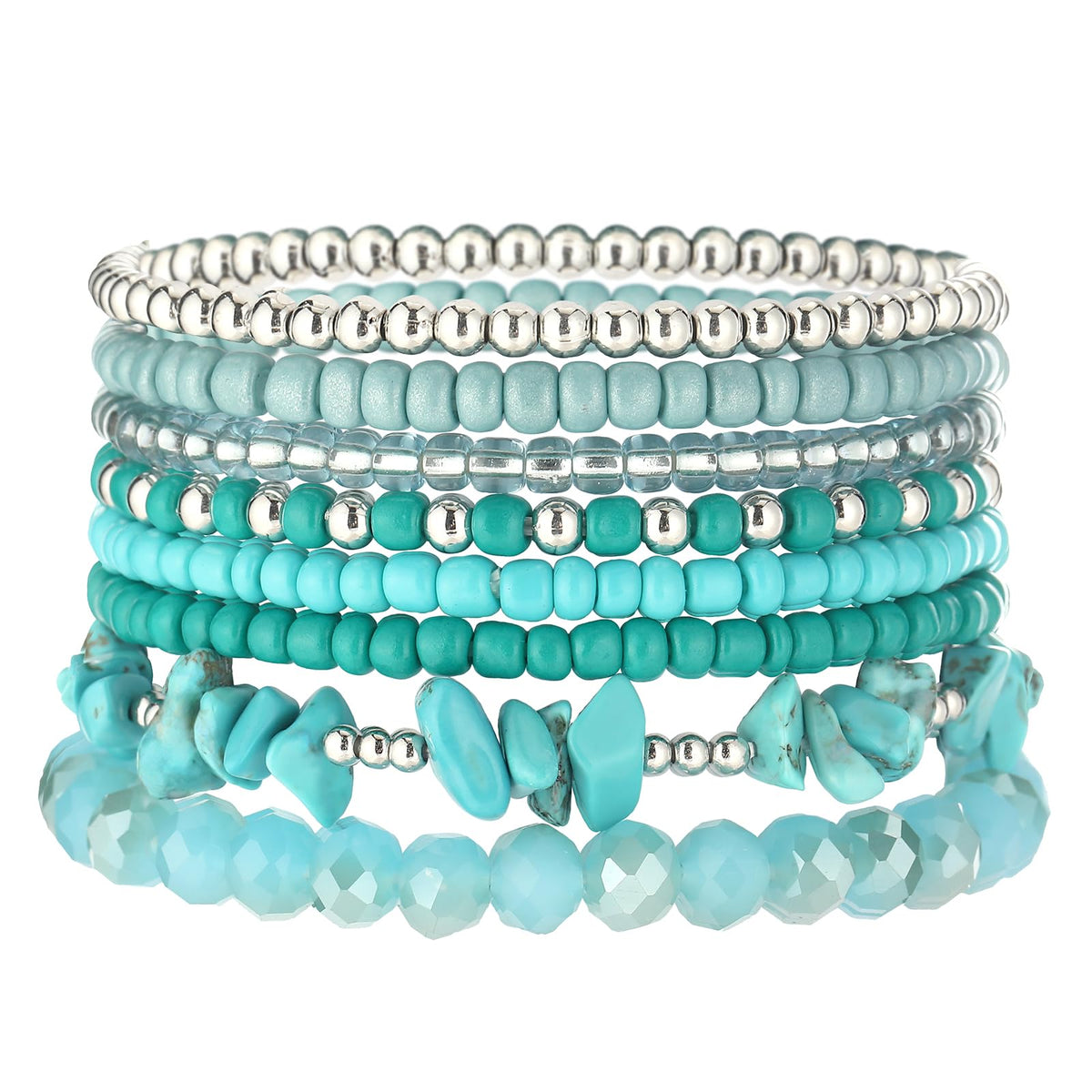 Noessla Boho Beaded Bracelets for Women Stackable Irregular Natural Stone Bead Stretch Bracelet Set 8PCS Costume Jewelry Gifts for Her(Turquoise)