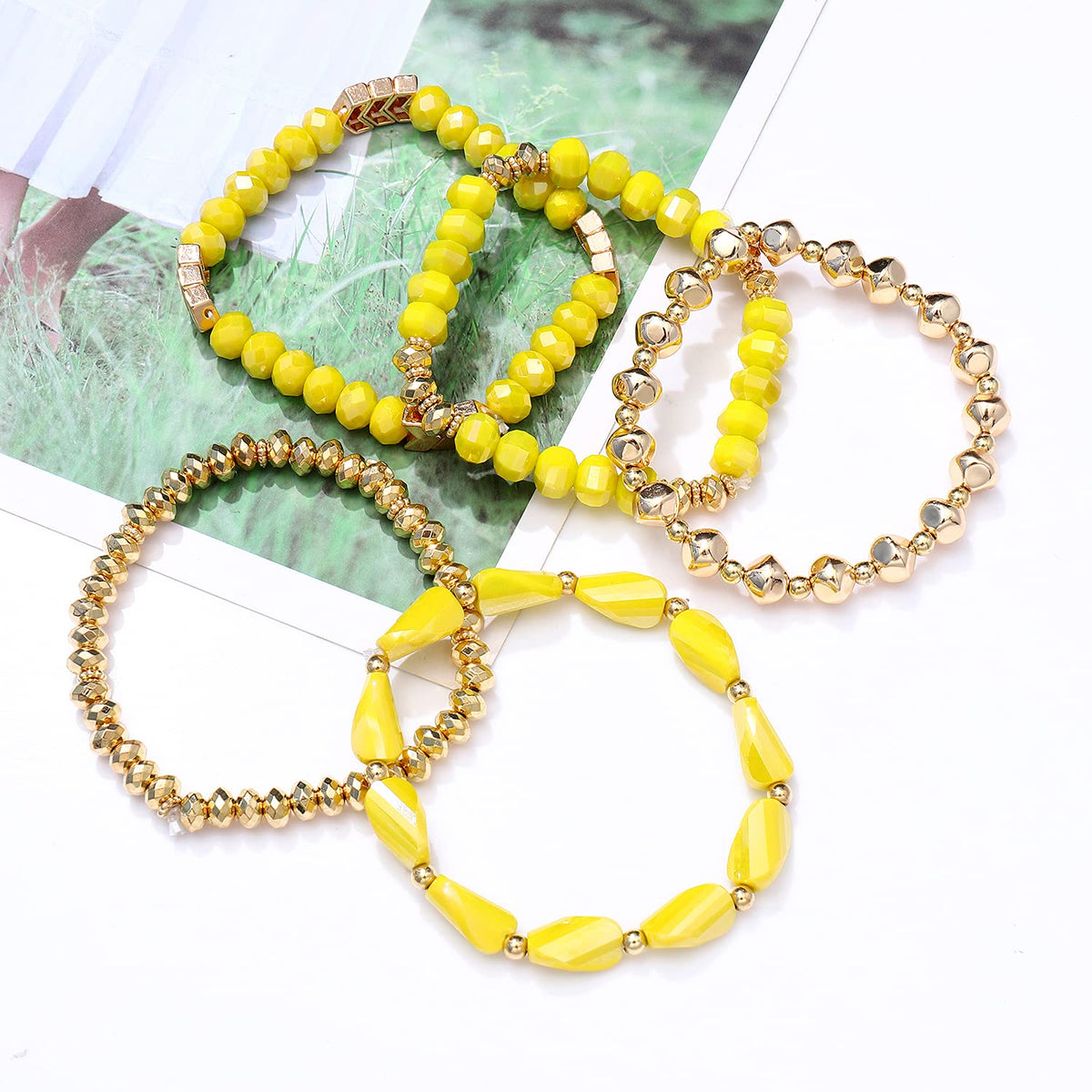MOLOCH Beaded Bracelet For Woman -Multiple Stackable Layered Bracelets-Rainbow Elastic Stretchy Bracelet- Boho y2k Bracelet-Surfer Beach (yellow)