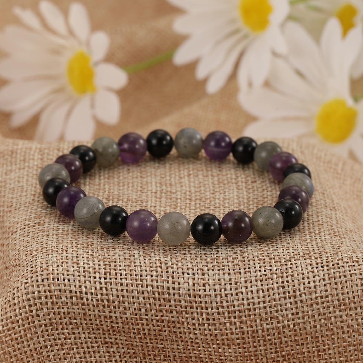 Crytsal Vibe Ultimate Protection Bracelet - Labradorite – Amethyst – Black Tourmaline - 8mm Beaded Bracelet for Protection - Elastic Adjustable Size