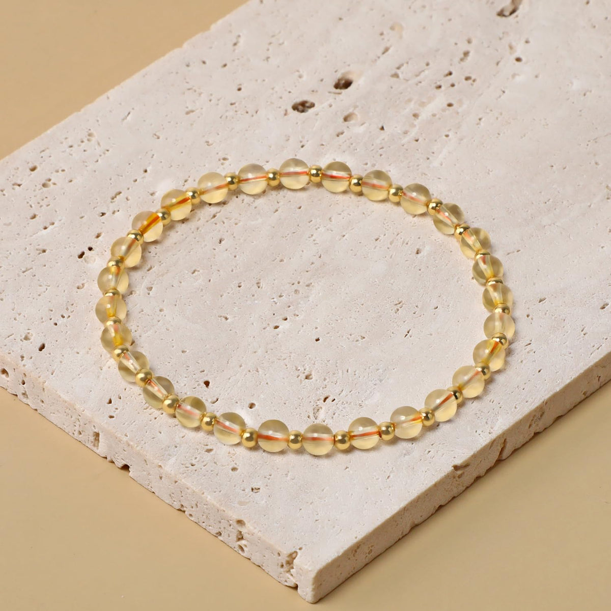 QOGIR Citrine - Stone of Wealth - 14K Gold Plated Beads Natural Gemstone Stretch Elastic Dainty Healing Beaded Bracelets Gifts 4mm