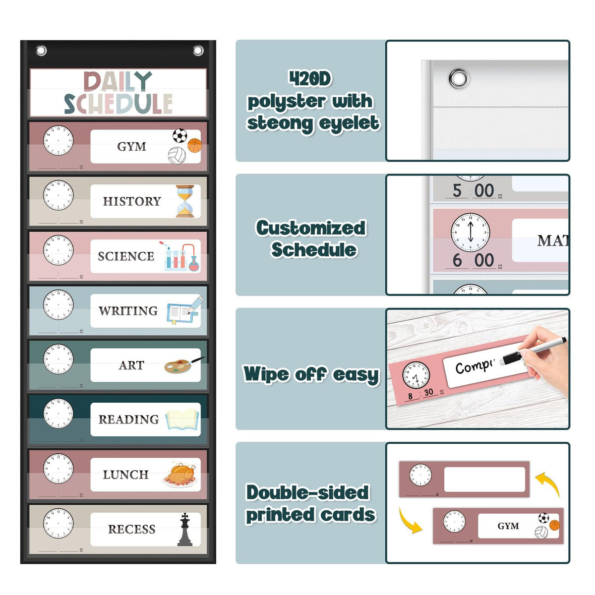 Monthly Calendar Pocket Chart for Classroom, Printed Days of The Week with Cards, Learning for Home or Kindergarten, Teacher Must Have Supplies That Fits Any School Décor (Black Calendar+Daily Schedule)