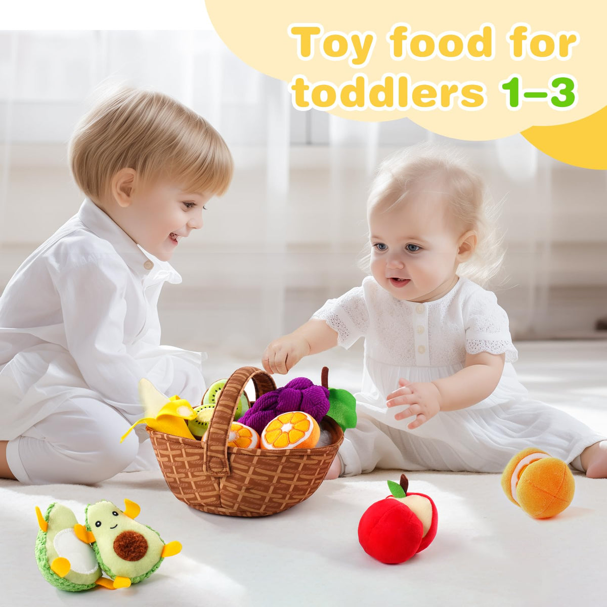 Play Food for Toddler 1-3, Plush Pretend Food Set with Sorting Fruit Basket, Baby Sensory Toys 6-12 Months, Montessori Learning Early Educational Toy for Infants, Gifts for 1 Year Old Boy Girl