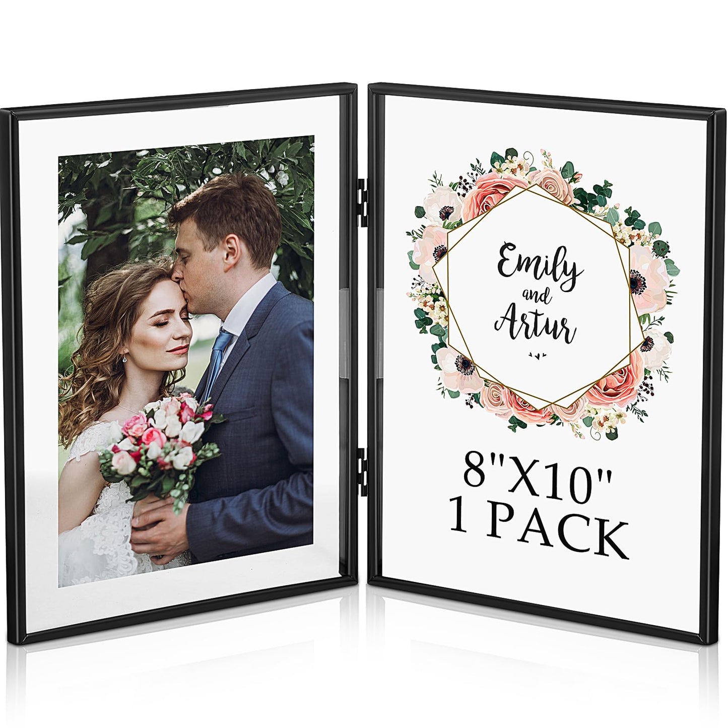 Sintuff 8" x 10'' Brass Double Picture Frame Clear Double Folding Hinged Frame Acrylic Memorial Photos Displayed Stand for Desktop Artwork Plants Specimen Graduation Christmas Gifts(Black)