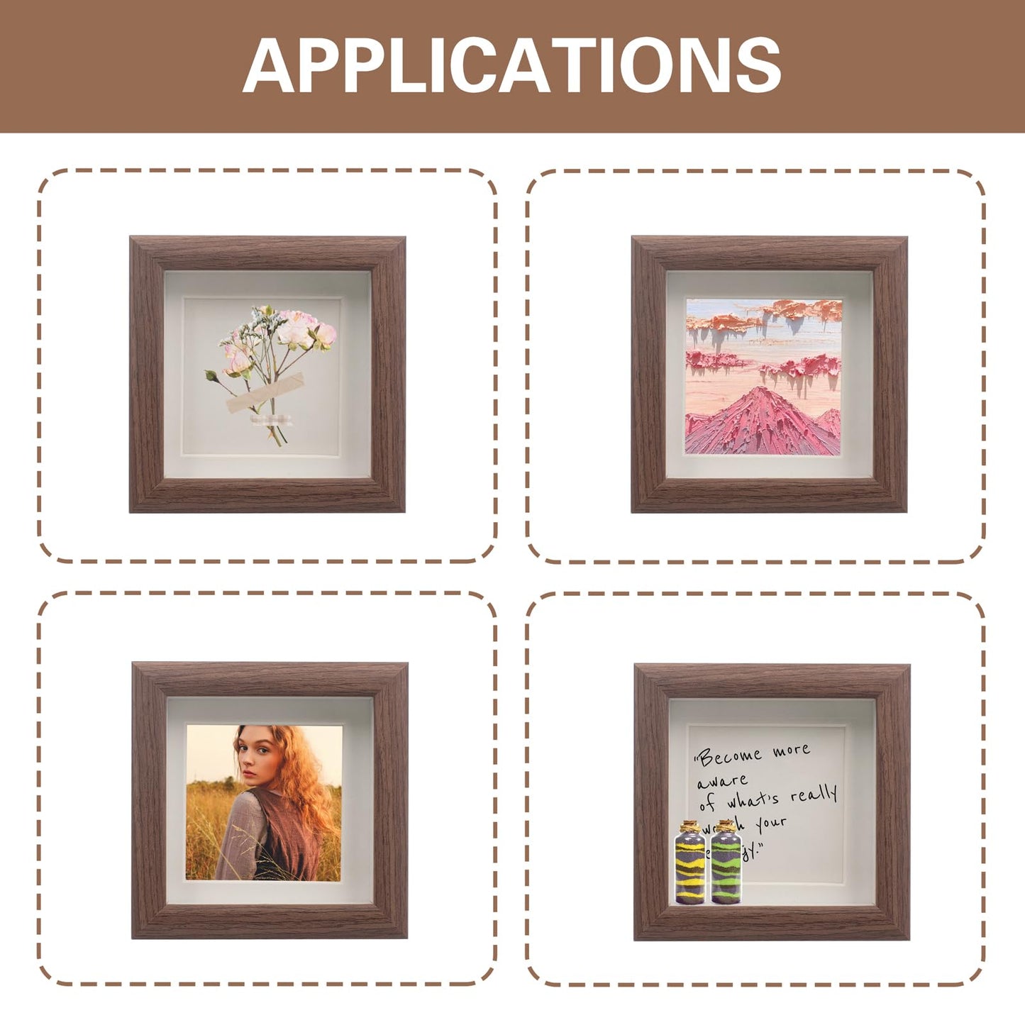 4 PCS Shadow Box Picture Frame, Vintage Small Wall Mounted & Tabletop Wood Square Frame with Real Glass for Mini Dried Flower Bouquet, Memorabilia, Medals, Badges, Shells, Photos (Walnut) (4 x 4 Inch)
