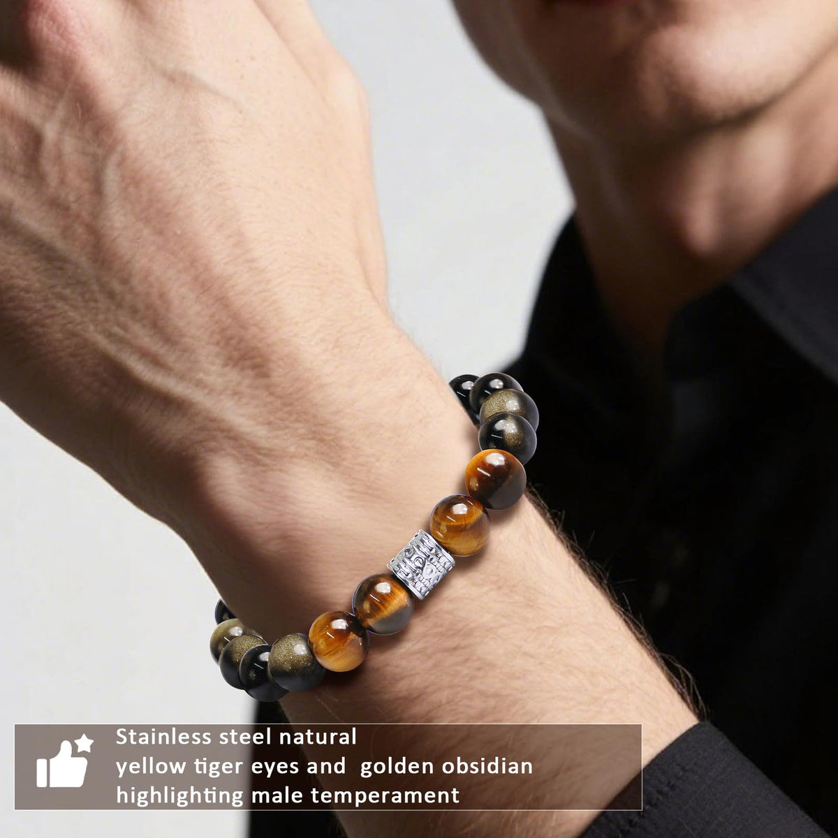 Tiger Eye Obsidian Beaded Bracelets For Men Gemstone Bracelets For Men &Women Fashion Natural Stone Men‘s Jewelry (black gold& yellow)