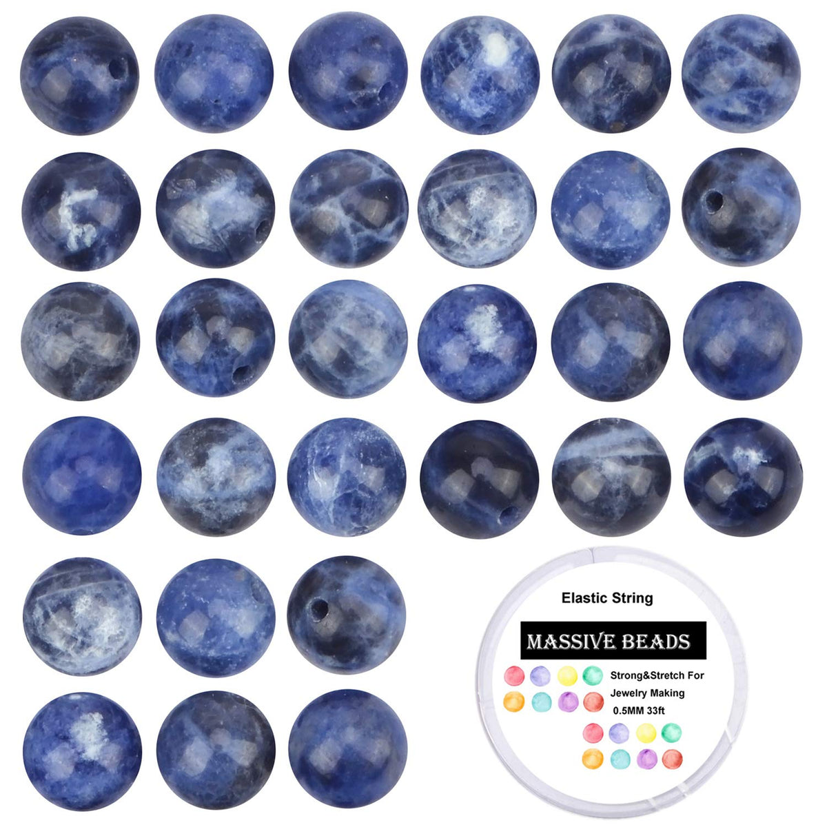 80Pcs Natural Crystal Beads Stone Gemstone Round Loose Energy Healing Beads with Free Crystal Stretch Cord for Jewelry Making (Blue Sodalite, 10mm)