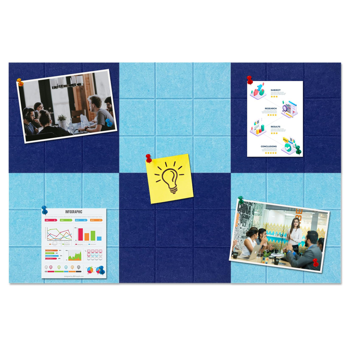 HULAVO Large Square Felt Cork Board Tiles, Self Adhesive DIY Felt Bulletin Board with 35 Pushpins for Office School Home Wall Decor Stickers Memos (Dark Blue & Sky Blue)