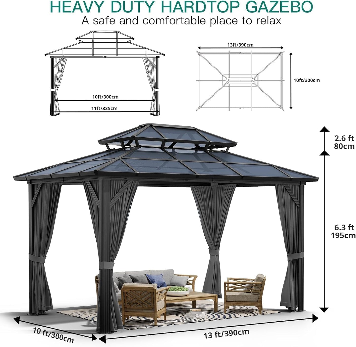Hardtop Gazebo 10'x12' Double-Layer Polycarbonate Double Roof, Aluminum Frame Pavilion with Privacy Curtains and Netting All-Season for Patio, Garden, Hot Tub & Backyard