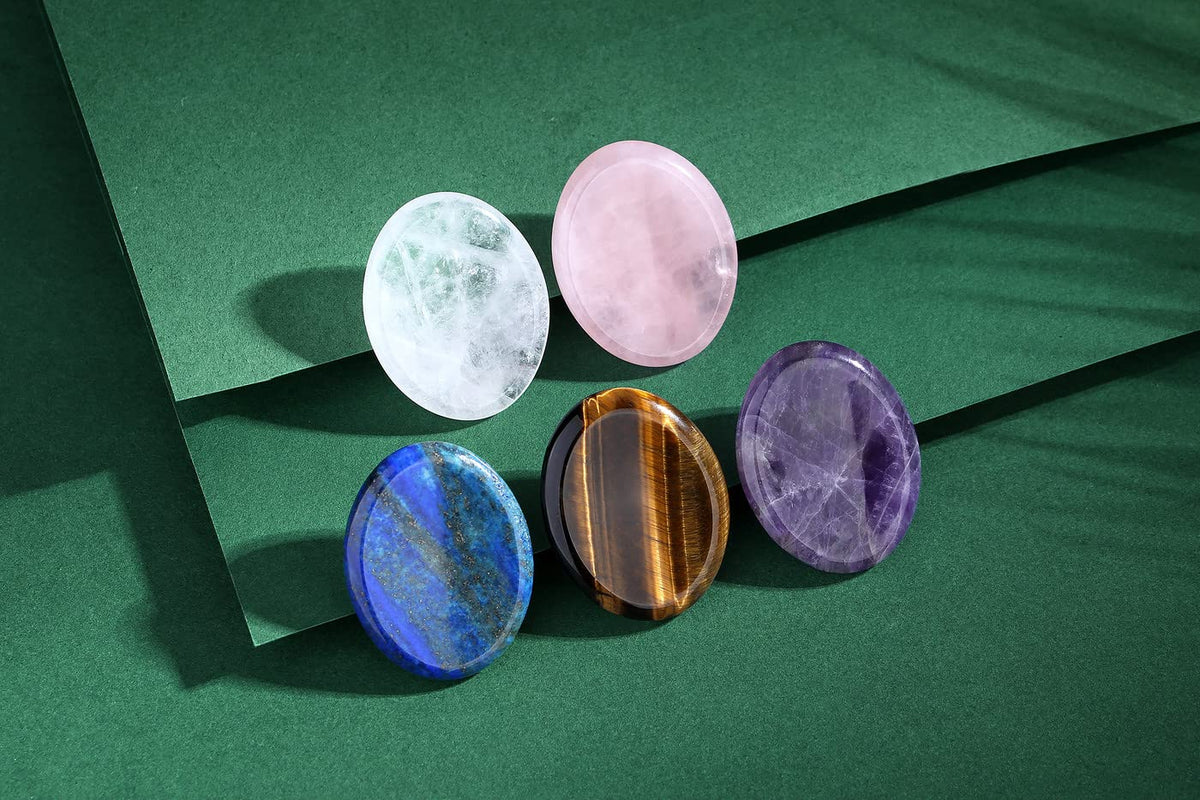 Thumb Worry Stone for Anxiety Healing Crystals Sets 2PCS Rose Quartz Clear Quartz Hand Carved Stones Gemstone Pocket Natural Stone Meditation Reiki Oval Shaped Palm Stone Therapy