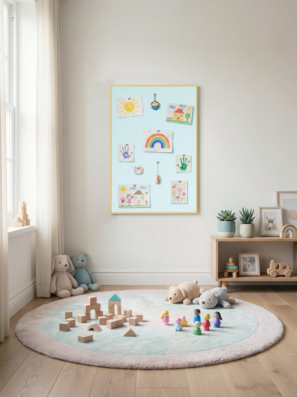 Lightomorrow Bulletin Board 30 x 20 inches, Light Blue Pin Board, Golden Aluminum Framed Fabric Cork Board with 10 Push Pins