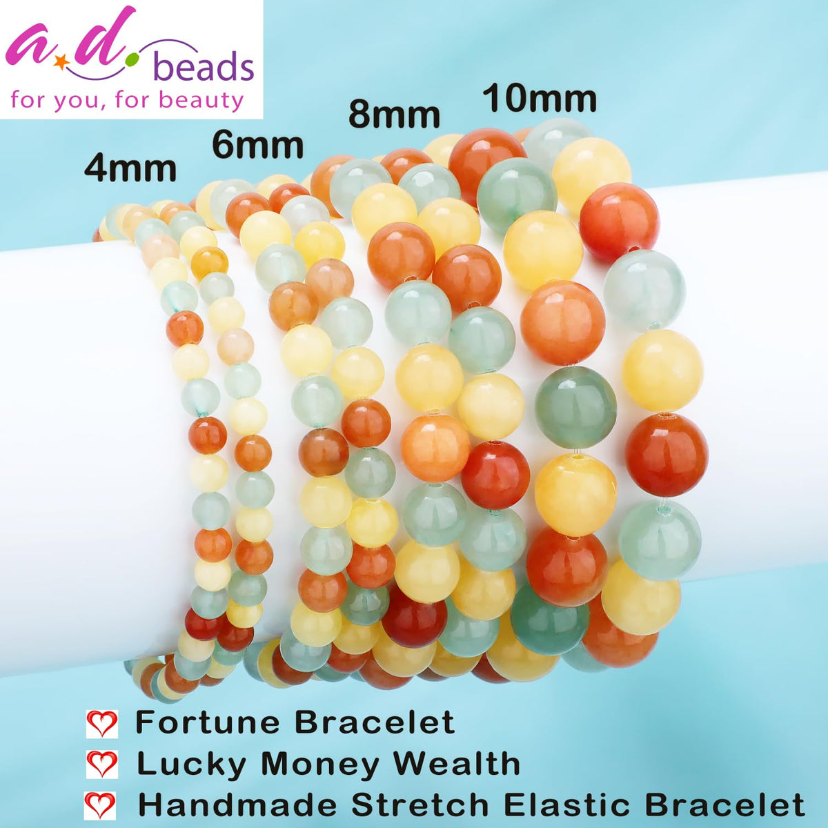 AD Beads 6mm Handmade Fortune Bracelet Elastic Bracelet – Natural Gemstone for Lucky Money Wealth – Meditation, Yoga, Healing and Energy Gift for Men Women