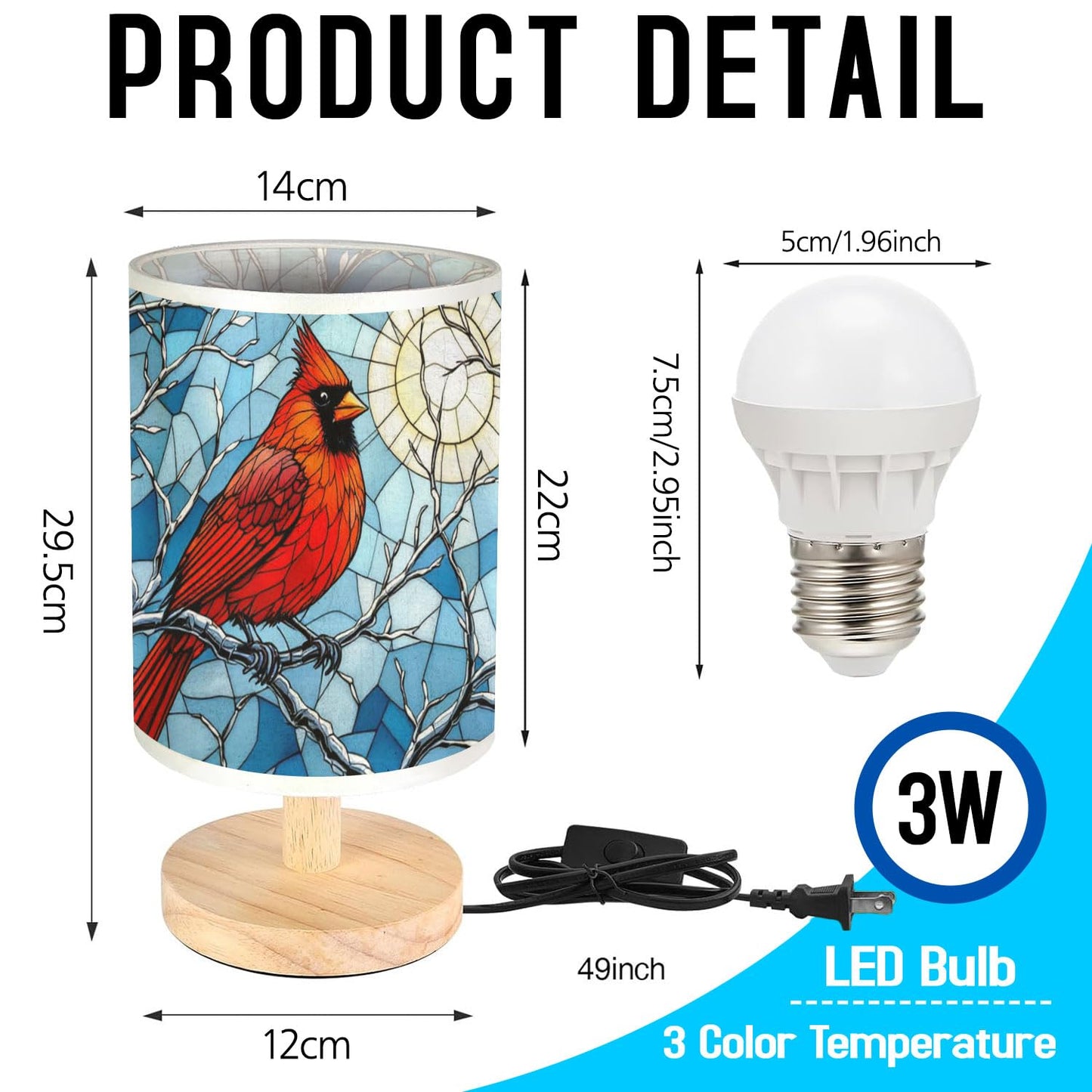 44memory Cardinal Table Lamp LED 3-Color Pressed Bedside, Cardinal Shade Lamp with Wood Base for Bedroom Living Room Desk Office TL01