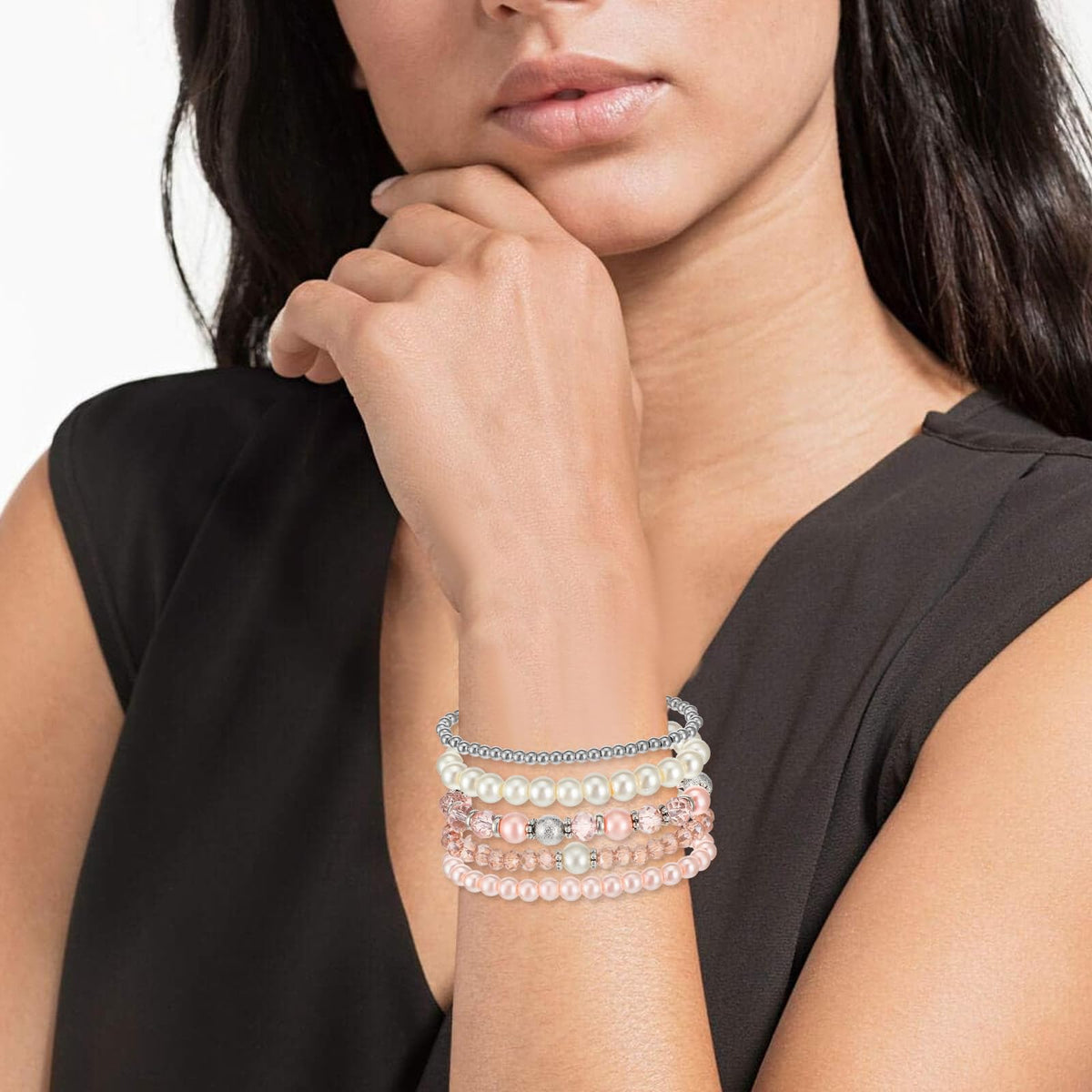 DIVINA VITAE 5 Pcs Beaded Stretch Bracelets Pink Stackable Bracelets Boho Beaded Bracelet Stretch Layering Crystal Stone Bead Bracelet Trendy Costume Jewelry Gifts for Women