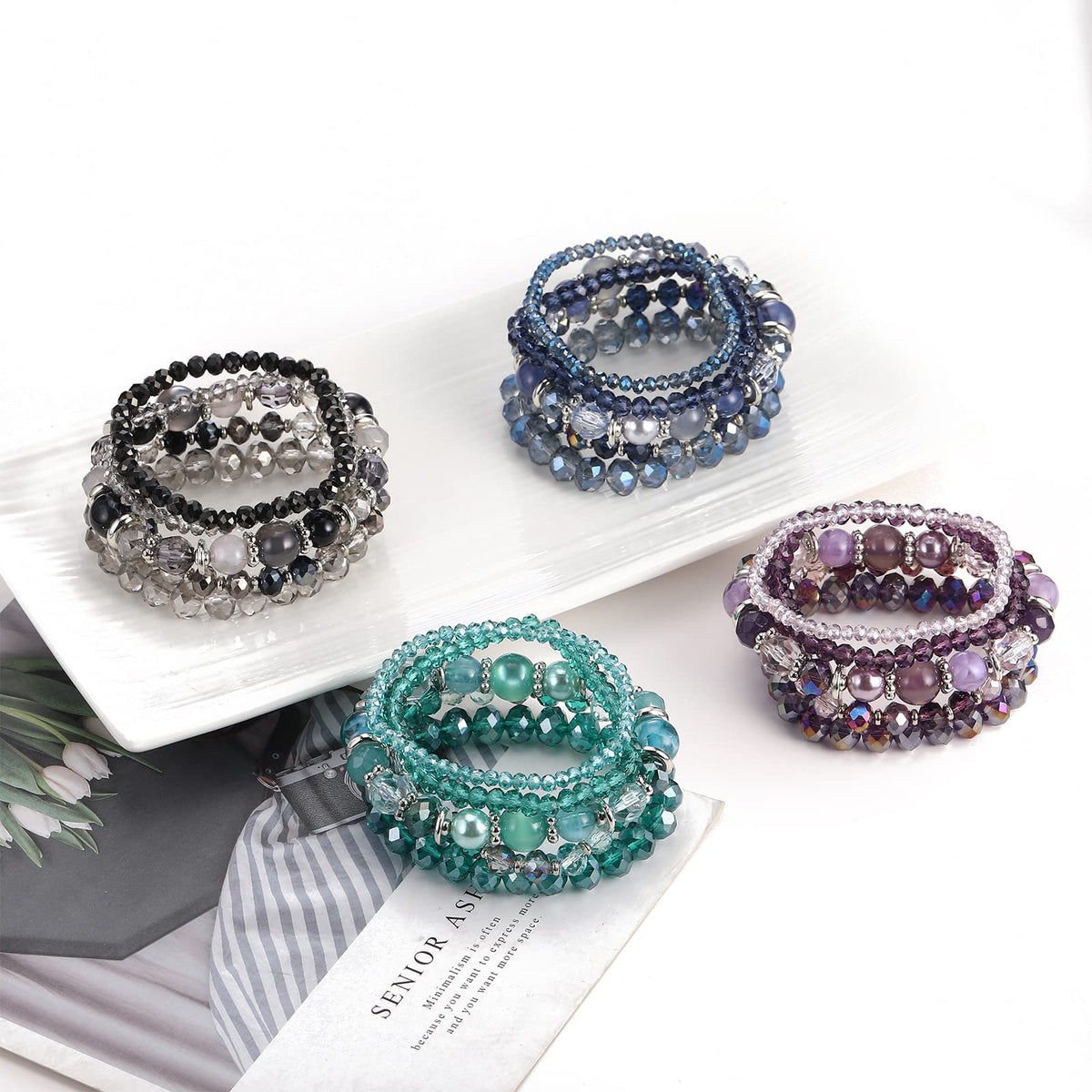 Noessla Beaded Boho Stretch Bracelet Colorful Stackable Crystal Beads Bracelets Trendy Costume Jewelry Mothers Day Gifts for Women(21-Sea green)