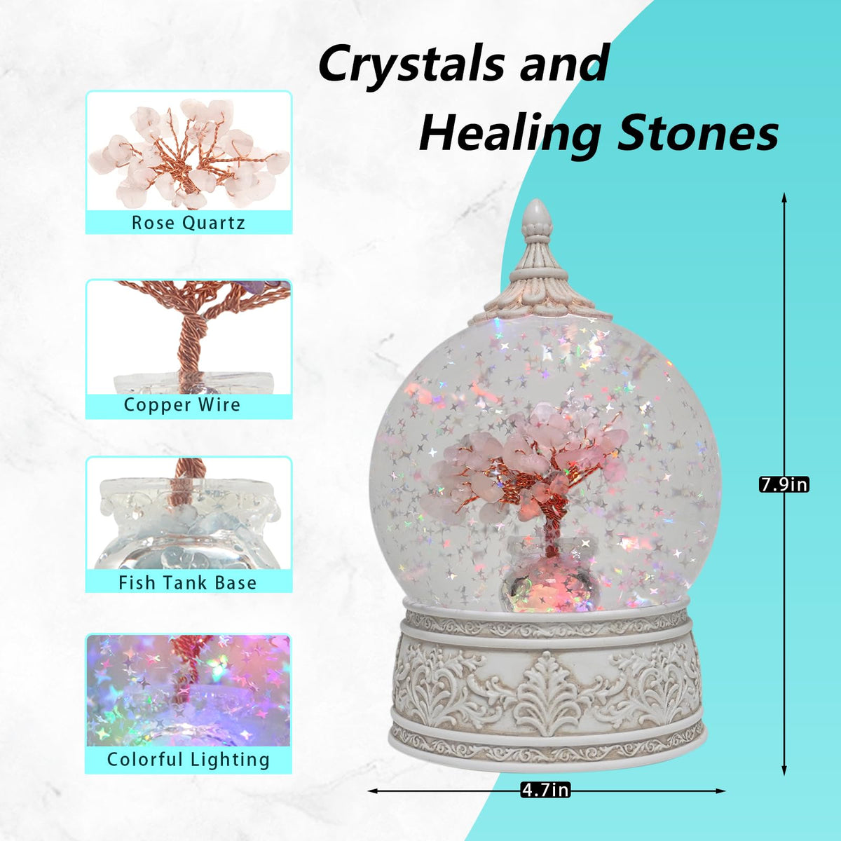 Rose Quartz Healing Crystal Tree Globe with Colorful Lights Sparkling Glitter, Natural Gemstone Base, Spiritual Meditation, Positive Energy Good Luck, Home Decor, Birthday Gifts (Rose Quartz)