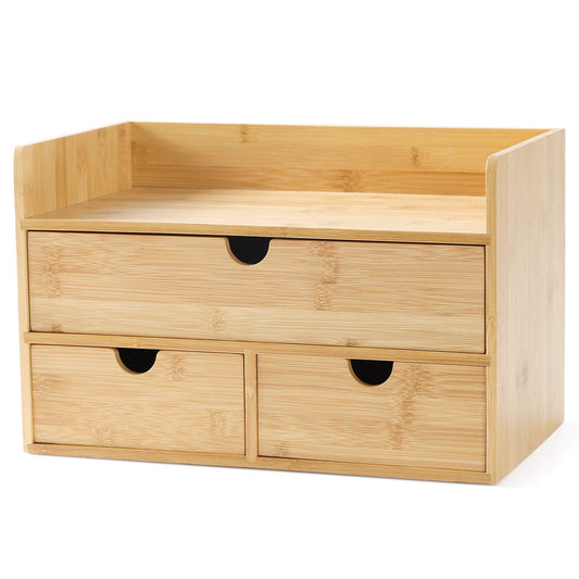 Wisuce Bamboo Desk Drawer Organizer, Desktop Organizer with Drawers Tabletop Storage Organization Box for Office Home Toiletries Supplies Vanity, No Assembly Required(1 with shelf-3 Drawers)