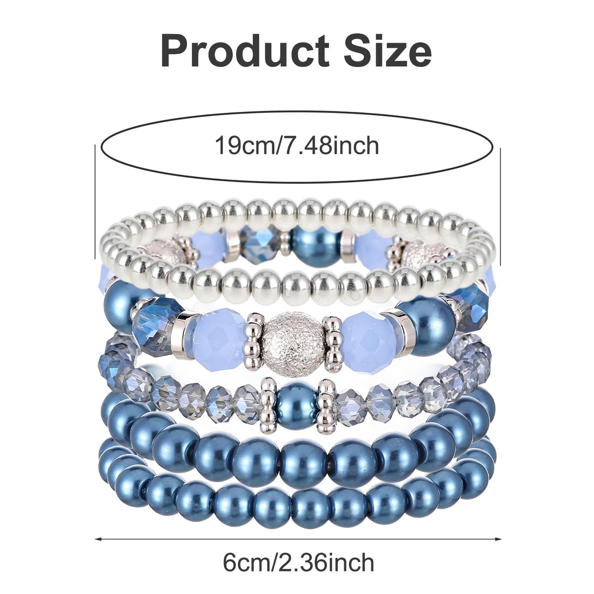 DIVINA VITAE 5 Pcs Beaded Stretch Bracelets Blue Stackable Bracelets Crystal Bead Bracelet Boho Beaded Bracelets Stretch Layering Crystal Stone Beaded Bracelets Trendy Costume Jewelry Gifts for Women