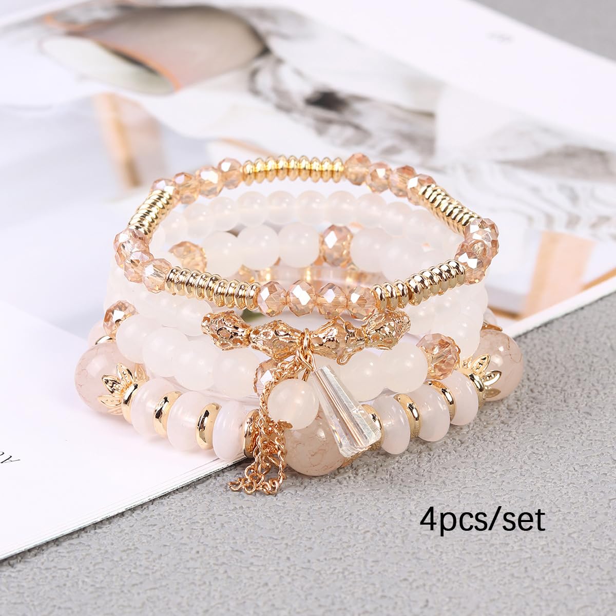 LOTSOF Bohemian Green Jade Stackable Bracelet Set - 4-Layer Stretch Beaded Bracelets with Gold Accents, Boho Jewelry for Women, Fashion Statement Accessory (Gift Ready) (White)