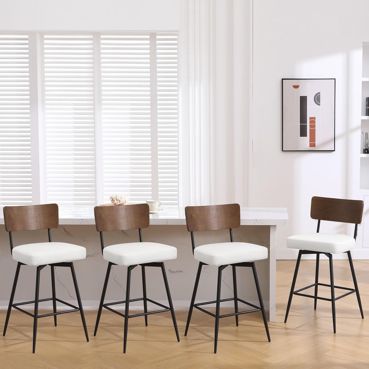 Bekrvio Counter Height Swivel Bar Stools Set of 4, Upholstered Faux Leather Barstools with Wood Backs and Metal Legs, 26" Seat Height Counter Bar Stool for Kitchen Island, White