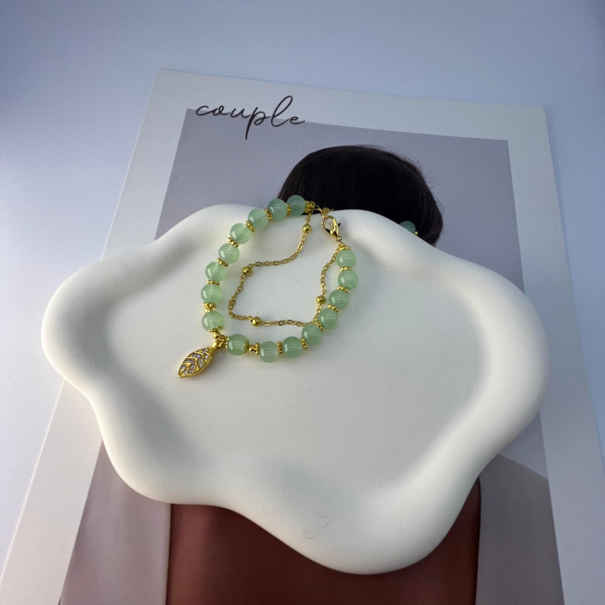 Progresssail Hetian Jade Bracelet for Women Double Layer Green Beaded Monstera Palm Leaf Bracelet Adjustable Classic Bracelet with Zircon Leaf Charm Ladies Jewelry