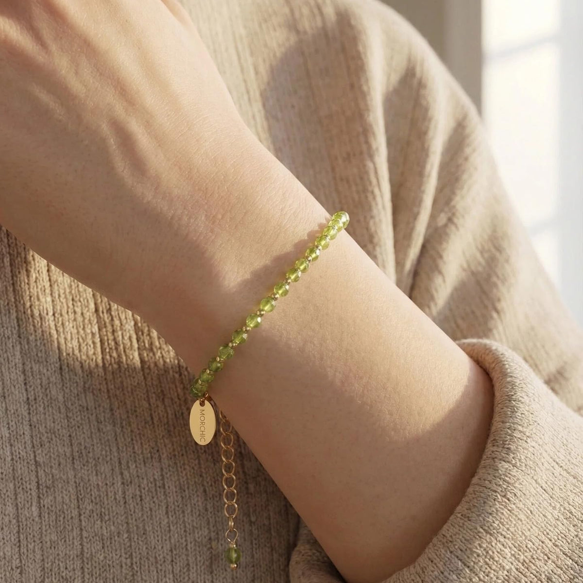 Morchic 3mm Green Peridot Quartz Natural Gemstone Beaded Bracelet for Women, Dainty Charm Jewelry, Adjustable 7.1-8.6", Ideal Birthday Holiday Gift