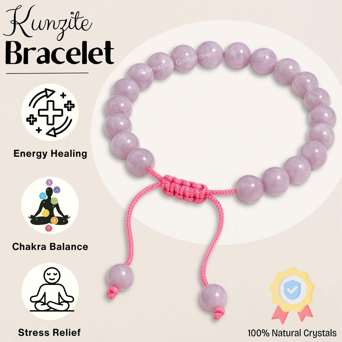 Amazing Gemstone Kunzite Bracelet, Gifts For Men & Women - Protection Healing Crystal Bracelet - 8mm Gemstone Beaded Adjustable Bracelet, Pulseras Para Hombres Mujer Stocking Stuffers