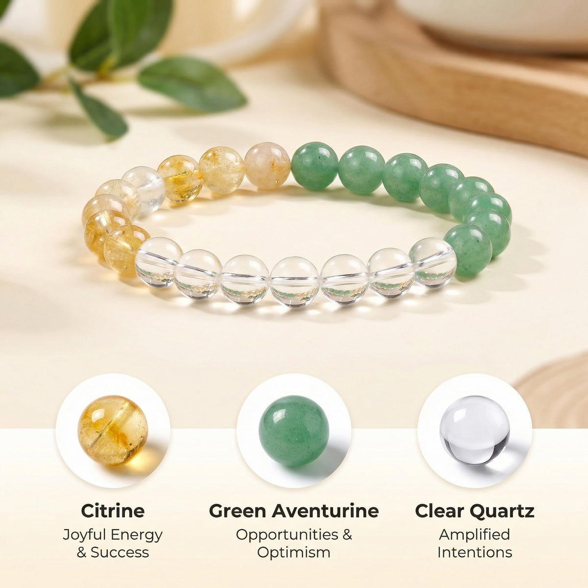 Bivei Good Luck Bracelet, Strength Crystal Healing Bracelet 8MM with Citrine & Green Aventurine & Clear Quartz - Spiritual Stretch Beaded Jewelry for Women Men Gift