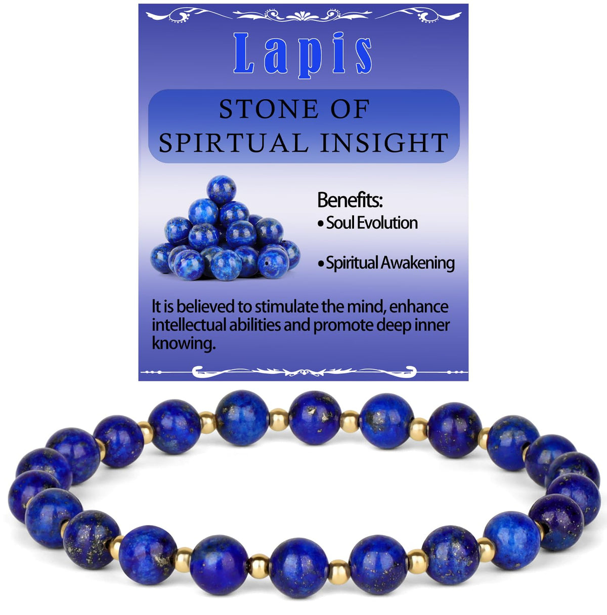 QOGIR Lapis - Stone of Spiritual Insight - 14K Gold Plated Beads Natural Gemstone Stretch Elastic Dainty Healing Beaded Bracelets Gifts 6mm
