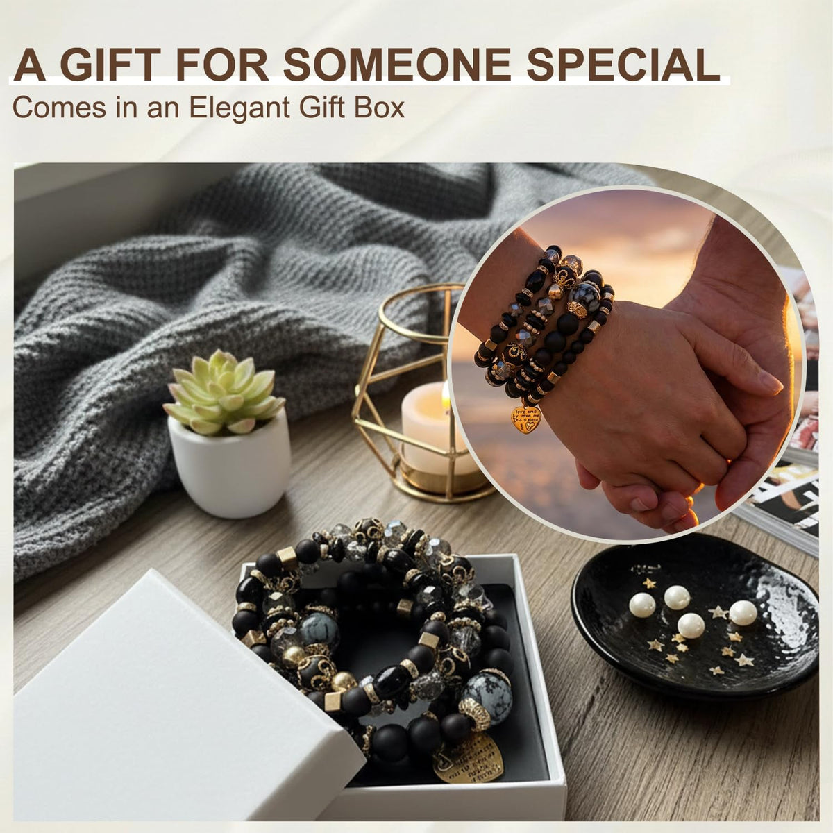 Ysenchan Bohemian Bracelet Set for Women, 4 Pcs Beaded Stackable Bracelets with Heart Charm, Stretch Bracelets, Boho Jewelry Gift – [Black]