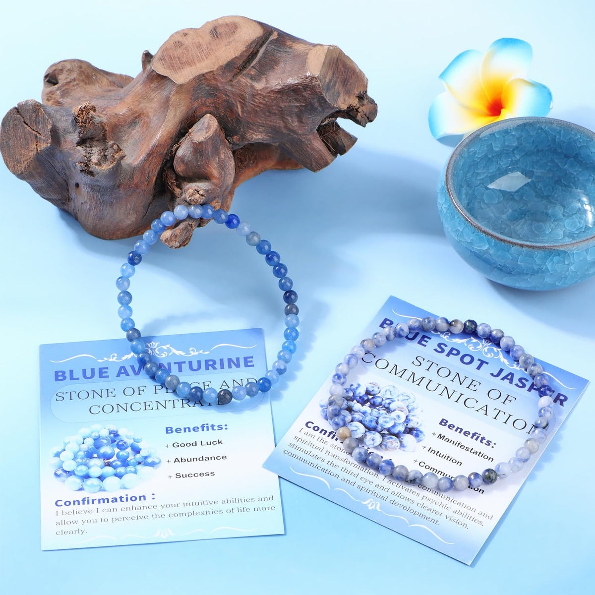 NCB 2-Piece 4mm Natural Crystal Gemstone Stretch Bracelets – ﻿Blue Aventurine, Blue Spot Handmade Reiki Energy Healing Jewelry for Meditation,Yoga, Unisex