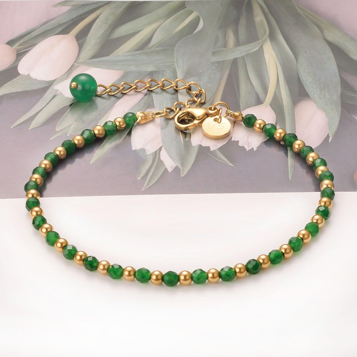 vissen Natural Stone Bracelet for Women Gold Plated Bracelet Beaded Green Agate Stainless steel Adjustable Jewellery