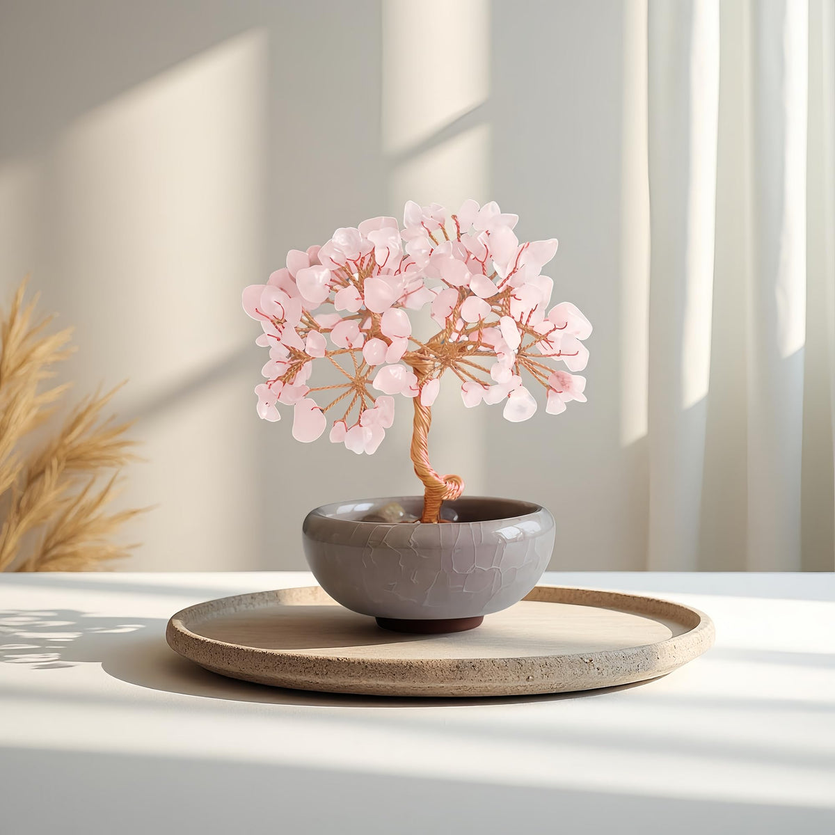 Rose Quartz Tree of Life Crystal Decor, Healing Gem Tree for Home Office Crystal Tree with Rose Quartz Base Pink Gemstone Tree of Life Decor