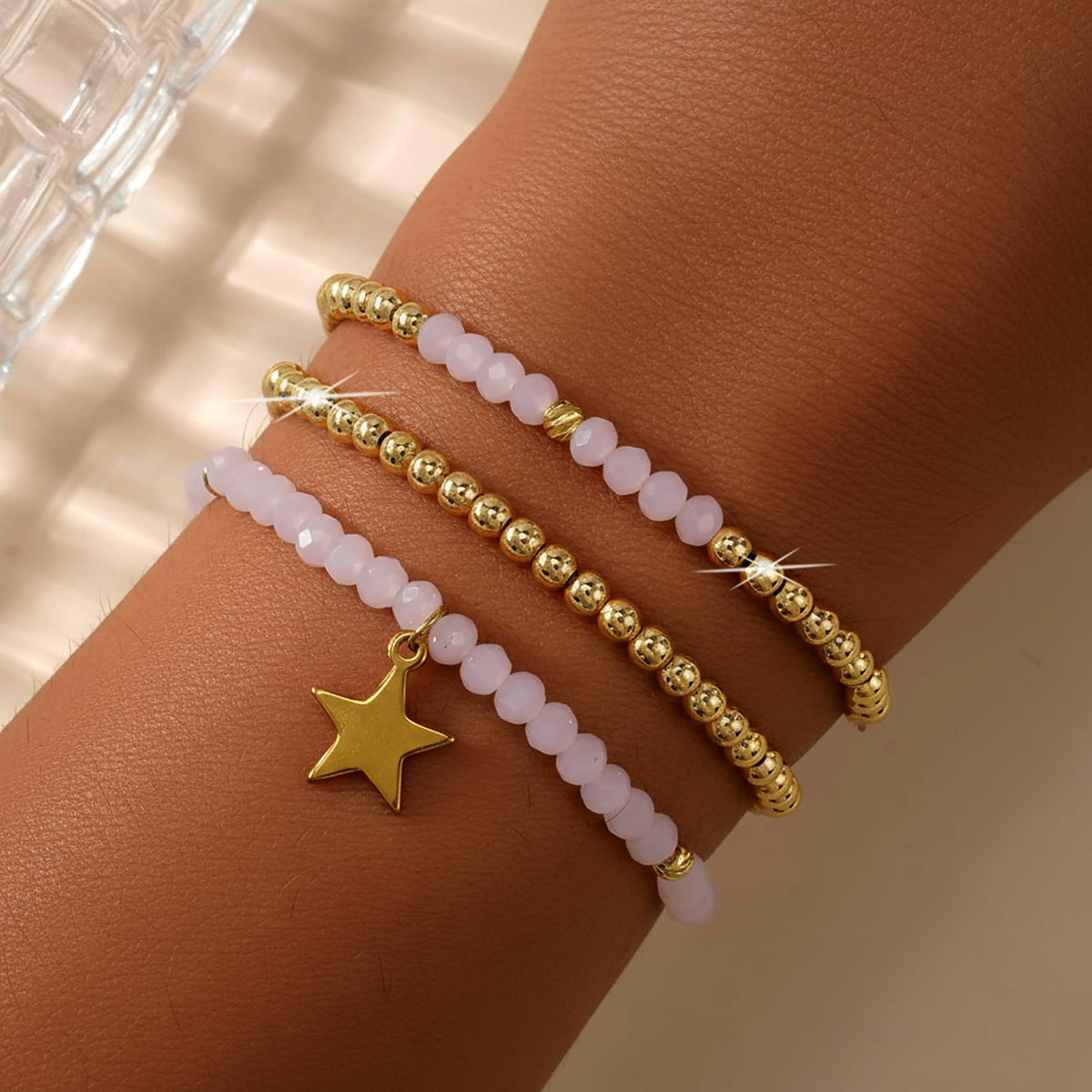 Bohxantium Gold Beaded Bracelets Stack for Women Boho Dainty 14K Gold Plated Beads Ball Pink Crystal Star Stackable Stretch Non Tarnish Colorful Elastic Trendy Jewelry Birthday Prom Friendship Gift