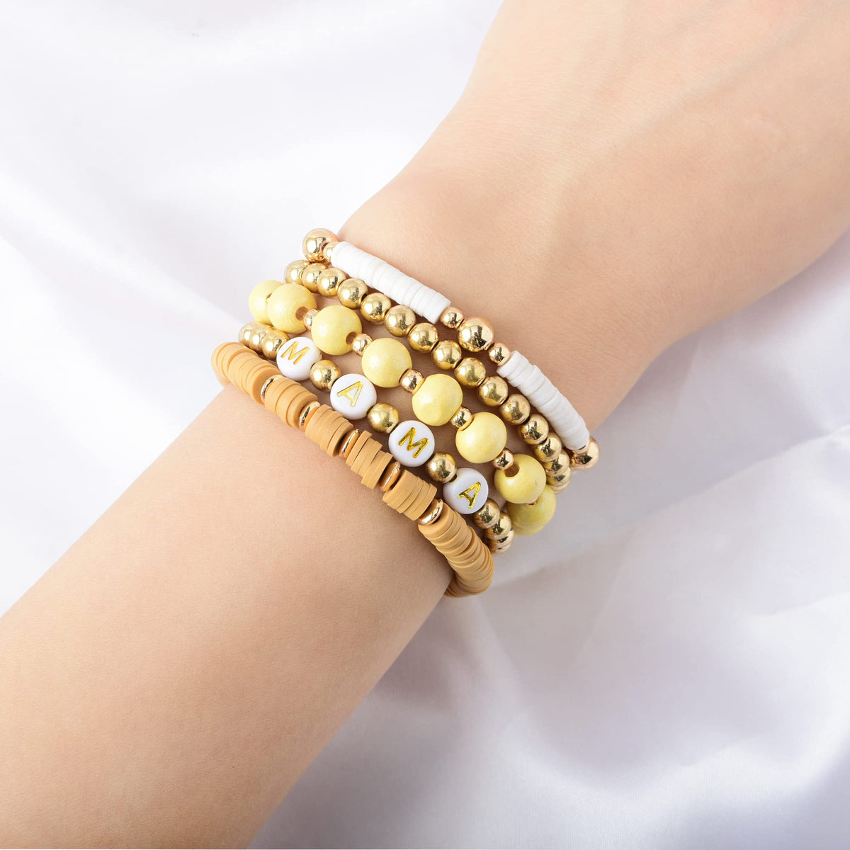 GOOJIDS Surfer Heishi Clay Bead Bracelets for Women Bohemian Stackable Gold Plated Beaded Stretch Bracelets Elastic Layering Friendship Bracelets Set Boho Jewelry