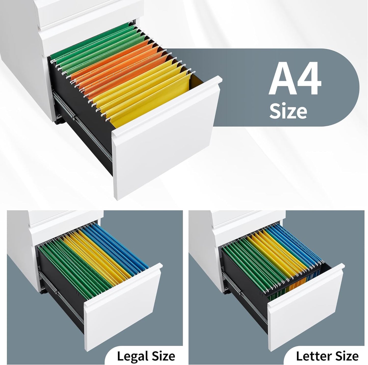 Oasecrilio Filing Cabinet 3 Drawer, Locking File Cabinets for Home Office, Mobile Filing Cabinet for A4/Letter/Legal Size File Folders, Fully Assembled, Matte White