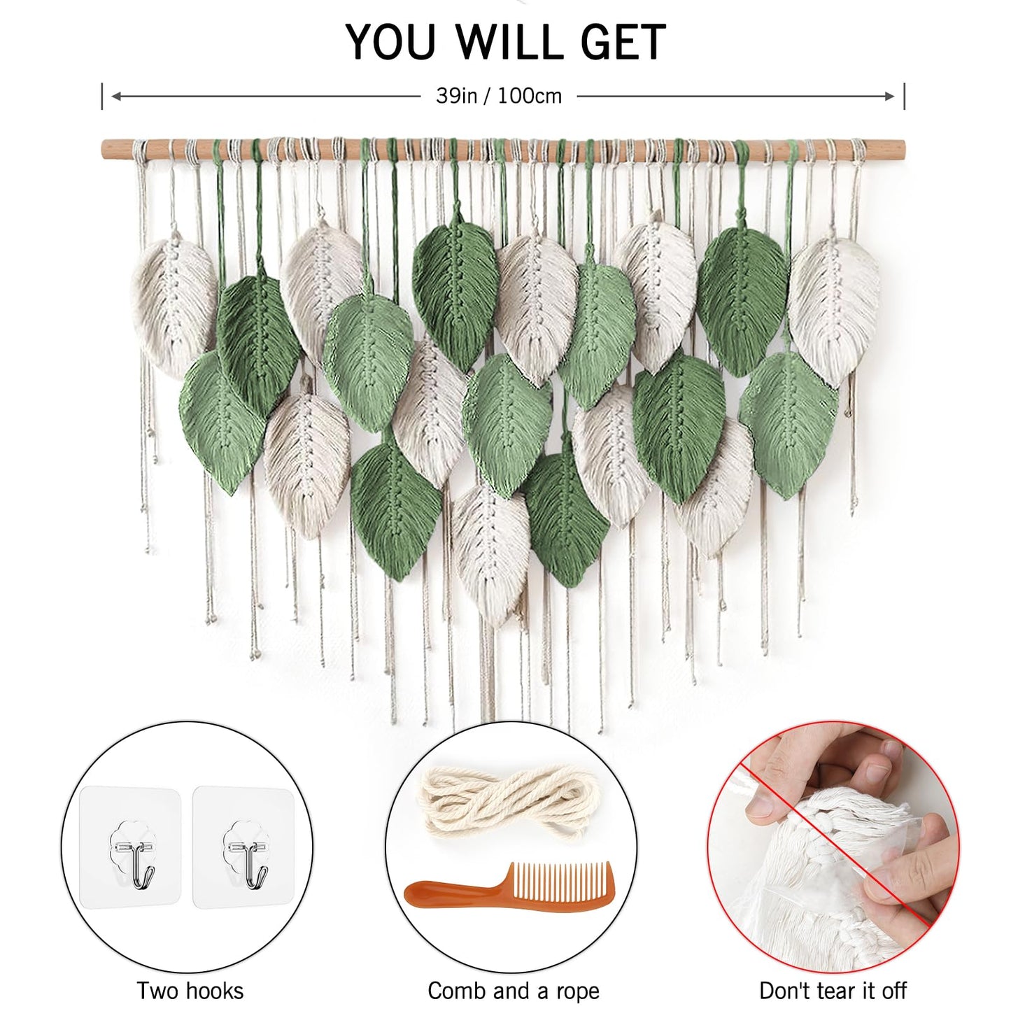 Weldomcor Large Macrame Wall Hanging, Boho Leaves Macrame Tapestry Wall Decor Handmade Woven Hanging Decor Chic Bohemian Wall Art Home Decoration for Bedroom Living Room Nursery Office 39"W x 29.5"L