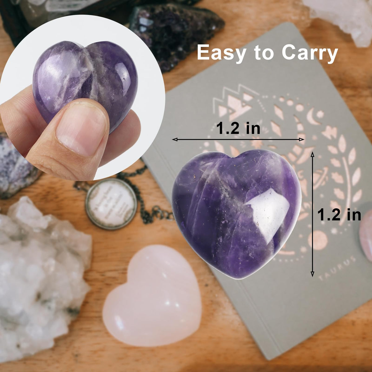 4 Pcs Heart Crystals and Healing Stones, 1.2" Amethyst Polished Love Carved Palm Worry Stone, Reiki Anxiety Stone Gift for Stress Meditation (Amethyst)