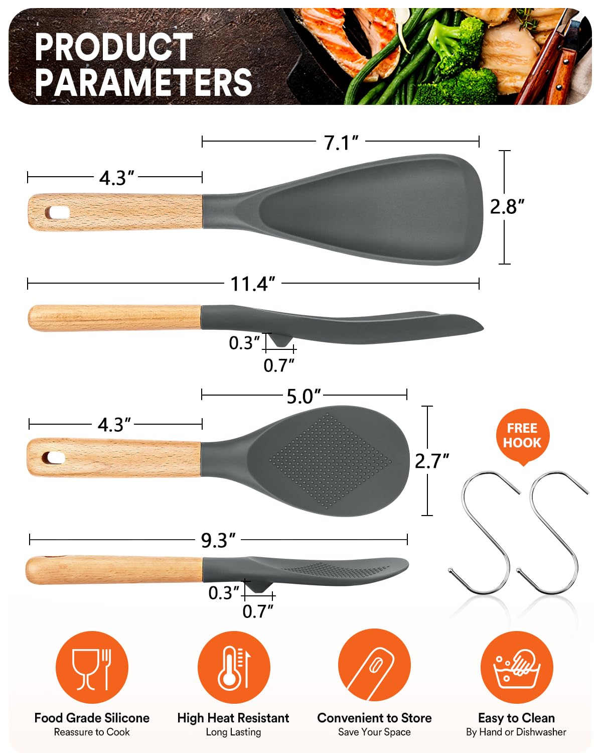 Cooking Spoon and Rice Scooper for Nonstick Cookwares, Great for Cooking and Serving Sturdy BPA-Free Matte Silicone, Wood Handle Spoon for Mixing, Scoop, and Scrape (GREY)