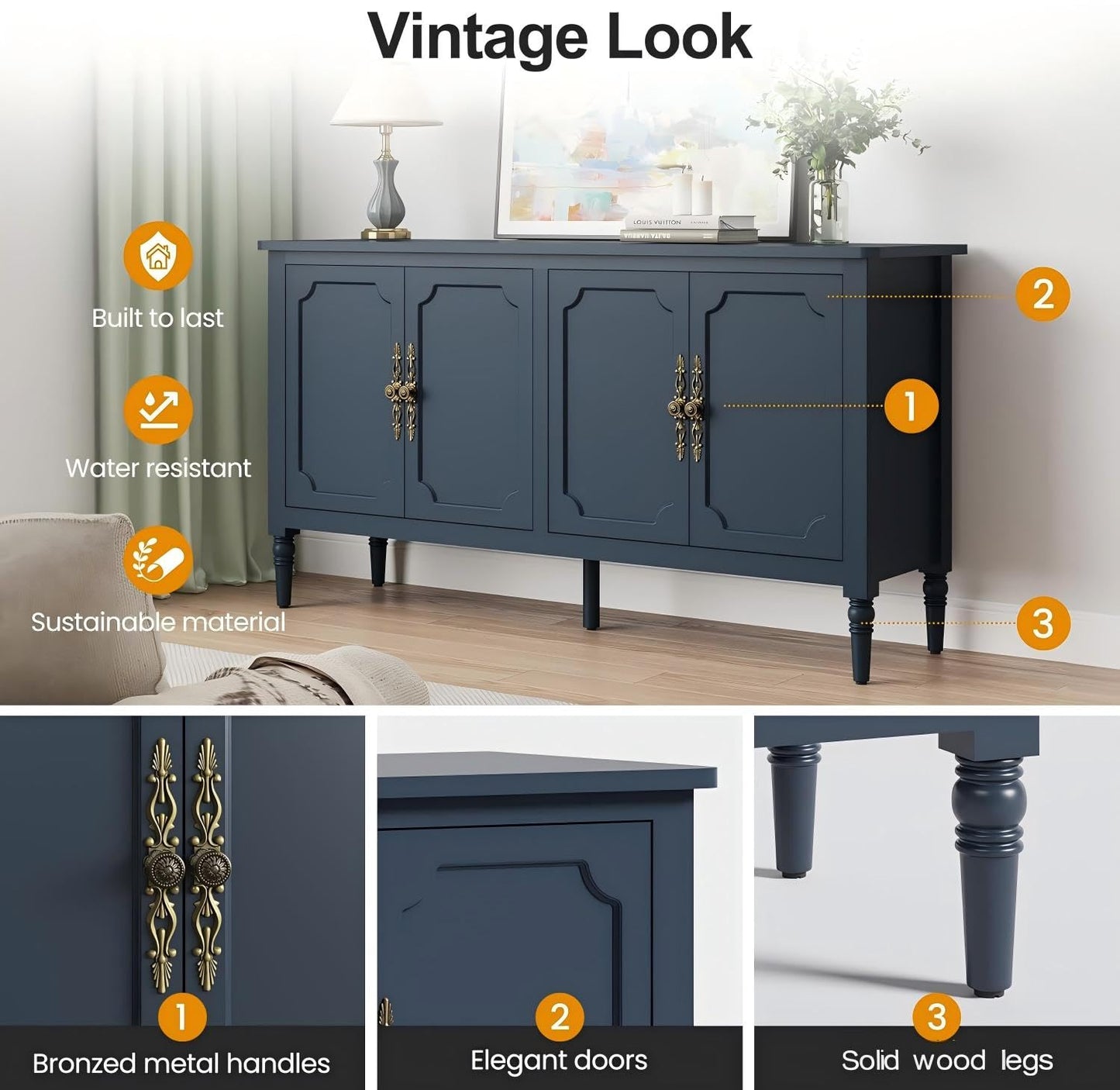 RoyalCraft Buffet Cabinet with Storage, Vintage Sideboard with Adjustable Shelves, Mid Century Modern Painted Credenza Coffee Bar for Kitchen, Dining Room, Entryway, Blue